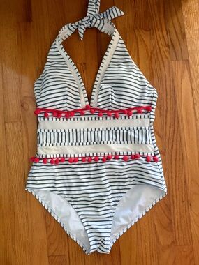 CocoShip Navy Stripe One-Piece Swimsuit with Red Pom Trim NWOT